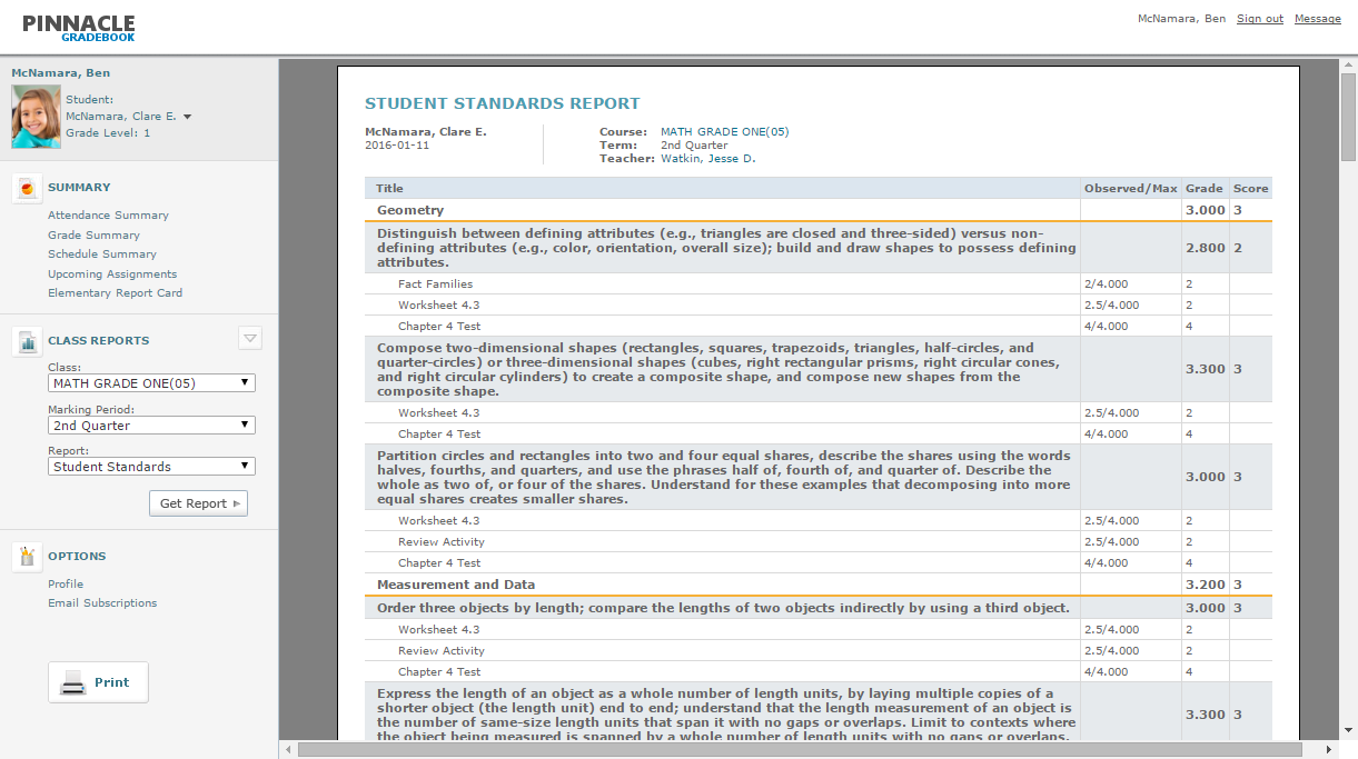 Student Standards Report